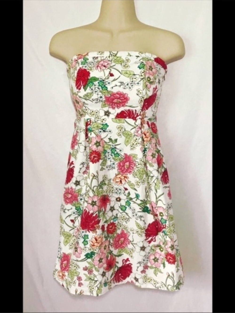 Old Navy White Strapless Floral Dress with Pink and Red Blooms